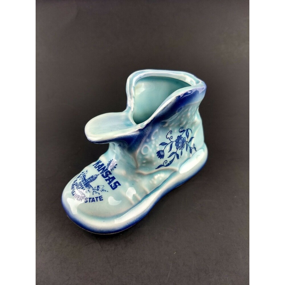 Vintage Souvenir Blue Shoe Boot Sunflower State Topeka Kansas Small Planter